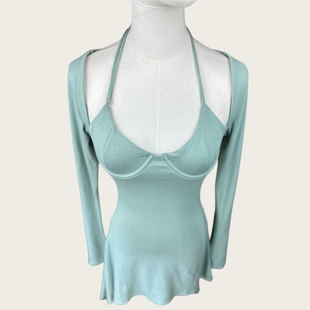 Oh Polly NWT SZ 4 the Renee long sleeve asymmetrical, hem, Sage Green Mini Dress - Picture 5 of 16